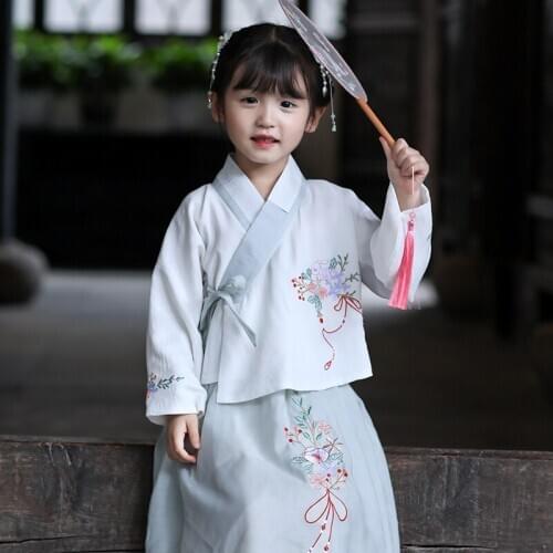 Girls Chinese National Style Print Sets Embroidery 2PCS Suit Children Traditional Tang Dynasty Girl Hanfu Clothes Warm Vest Coat