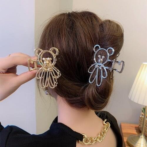 Korean Metal Hollow Bear Hairpin Hair Catch Women Elegant Cute Kawaii Outdoor Imitation Pearl Small Accessories Ladies Jewelry