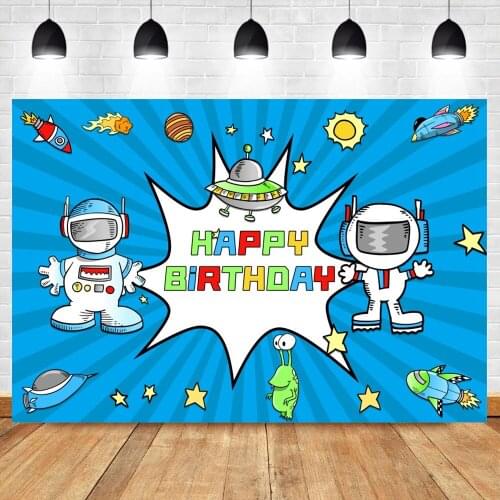 Laeacco Cartoon Astronaut Child Birthday Photo Backdrop Planet Rocket Baby Portrait Customized Poster Photography Backgrounds