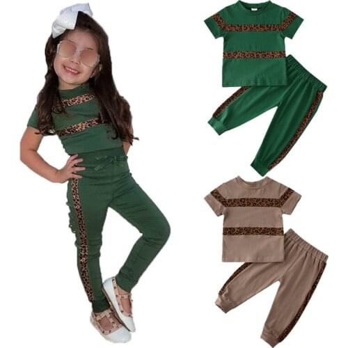 Summer Girls Clothing Sets Toddler Girl Short Sleeve Leopard Print T-shirt Pants Suit Kids Sports Clothes Set Baby Tracksuits