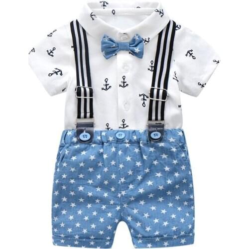 Fashion Gentleman Clothing Cotton Baby Sets Bow Shirt Wholesale Children Outfits Suits White Printed Shirt + Blue Stars Shorts