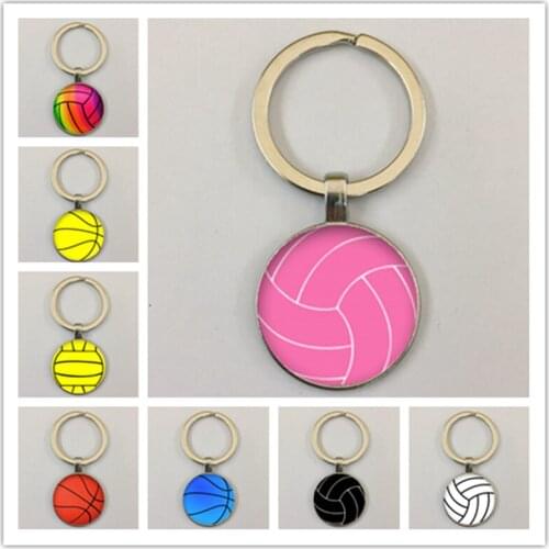 Fashion volleyball basketball glass photo keychain round cabochon keychain key bag pendant boy girl jewelry gift