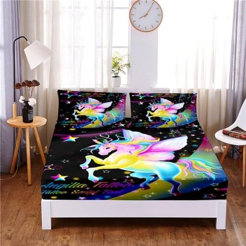 Cartoon Unicorn Digital Printed 3pc Polyester Fitted Sheet Mattress Cover Four Corners with Elastic Band Bed Sheet Pillowcases