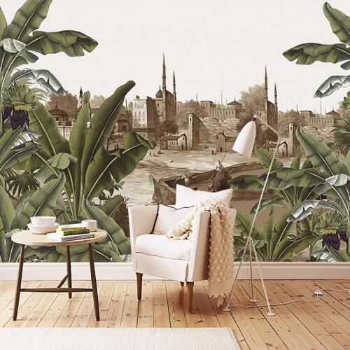 Custom 3D Mural Wallpaper European Retro Nostalgic Hand Painted Rainforest Castle Plantain Leaf Fresco Background Wall Painting