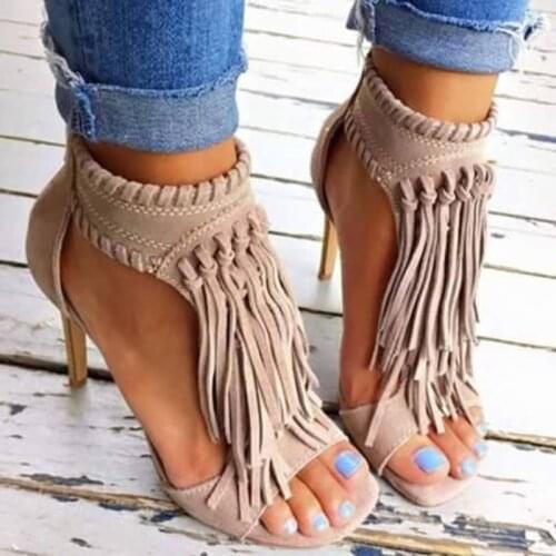 2021 New Fashion Fringe Women Sandals Peep Toe Side Zipper Thin Heel Sandals Female Casual High Heels Womens Spring Shoes