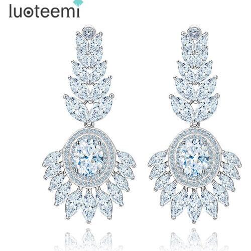LUOTEEMI New Arrival Big Flower Crystal Drop Earrings Fashion Jewelry Elegant Statement Earrings for Bridal Wedding Brincos
