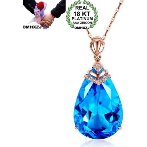 OMHXZJ Wholesale European Fashion Woman Girl Party Wedding Gift Sea Blue Topaz AAA Zircon 18KT Rose Gold Pendant Necklace NA132