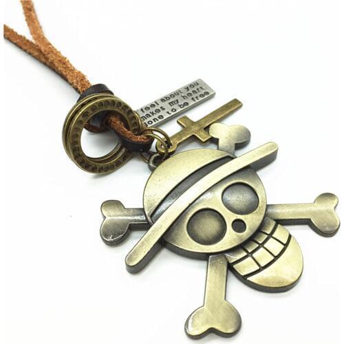 New Punk Vintage Men Women Brown Genuine Leather Bronze Silver Hoop Cross Skull Bone Pendant Necklace Male Wholesale Jewelry