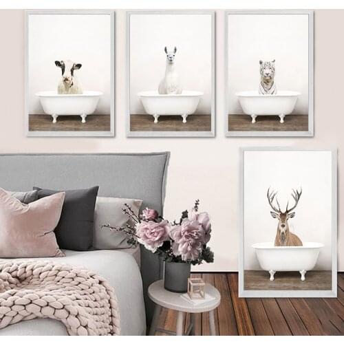Nordic Posters Prints Elephant Giraffe Panda Tiger and Lion in Bathtub Animals Wall Art Canvas Painting Wall Pictures Baby Room