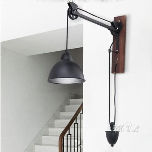 Lifting Wood Wall+Lamps Industrial Bedroom Light Fixtures Pulley Wall Light for Kitchen Loft Stair Lighting Sconce Vanity Light