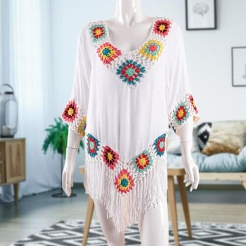 See Through Crochet Floral Vintage Kimono Holiday Short Sleeve Beach Cover Up With Sashes Slit Boho Vintage Mini Beach Dress