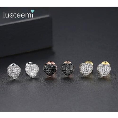 LUOTEEMI Lovely Small Heart Stud Earrings for Women Girls Dating Paved Shiny Cubic Zircon Three Color Fashion Jewelry Brincos