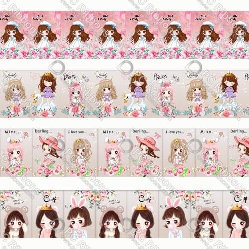 Cartoon Girl 1" Printing Lanyard/Grosgrain/Satin Ribbon Design Customized for DIY Hair Craft Supplies Sewing 50 Yard