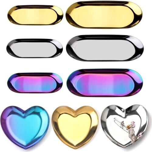 New Dining Plate Stainless Steel Storage Tray Dish Jewelry Ring Organizer Bread Dessert Plate Golden Oval Plate Desktop Decor