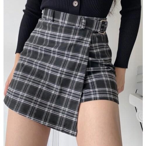 Vintage British Asymmetrical Plaid Skirt Short Women High Waist Y2k Black White Print Skirts Girl Tennis Sport School Outfits