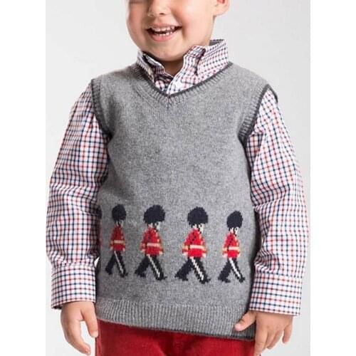 Baby boy vintage England style cotton knitted vest kids cute carton v-neck sleeveless sweater pullover