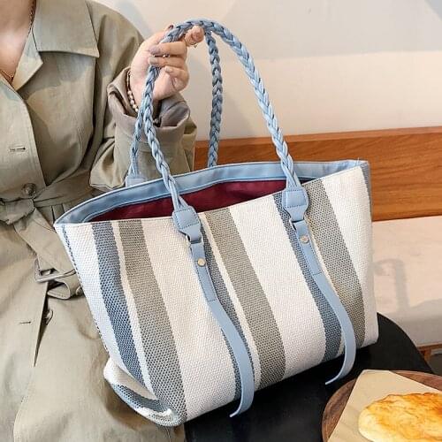 High capacity Big stripe Handbag and Purses with Weave Handle for Women Fashion Trends Brand Travel Shoulder Bag