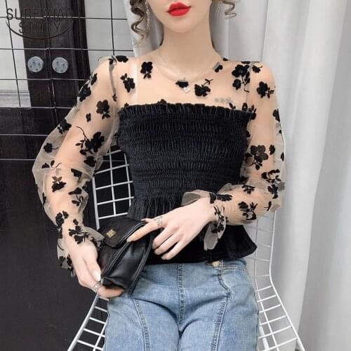 Spring New Puff Sleeve Black Mesh Short Tops Sexy Lace Bottoming Blouse Women Velvet Waist Skinny Shirts Fashion Blusas 12771