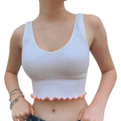 Womens Rib Knit Tank Tops Sexy V Neck Sleeveless Color Block Lettuce Trim Crop Tops