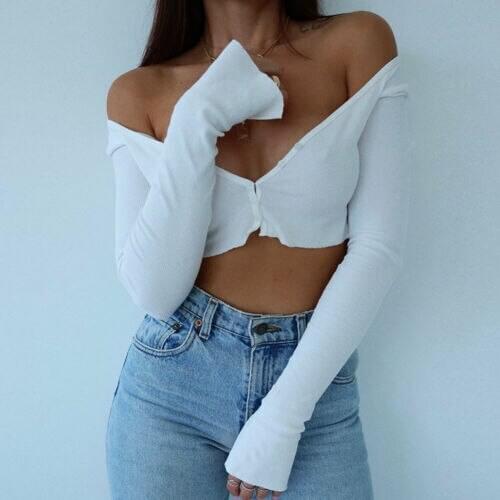 New Women Summer Fall V-Neck Off Shoulder Long Sleeve Casual Crop Top Sexy Slim Knitted Thin Sweater Cardigan Bottoming Tops