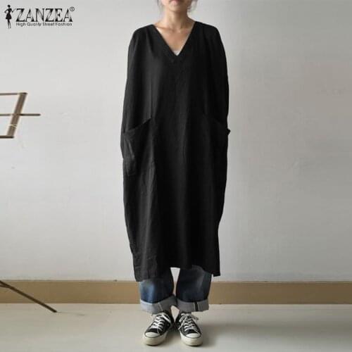 Retro Solid Maxi Dress Womens Autumn Sundress ZANZEA 2021 Casual Long Sleeve Vestidos Female V Neck Split Robe Oversized