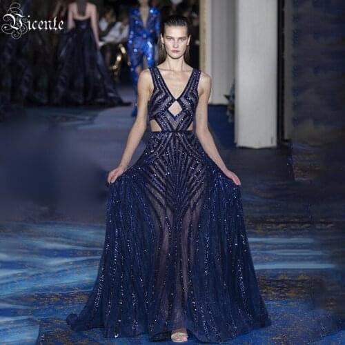 VC Floor-Length Dress 2021 Women Dark Blue Sleeveless V-neck Sequin Hollow Design Party Dress