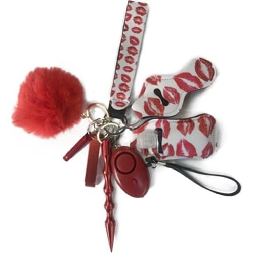 Safety Keychain for Women Set with Alarm Window Breaker Pom Pom Wristlet Bottle Opener Lip Balm Holder Hand Wash Holder
