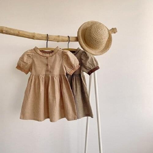 Kids Dresses For Girls Retro Plaid Summer Toddler Baby Girls Dress Puff Sleeve Cotton 1st Birthday Party Dress For Girl Princess