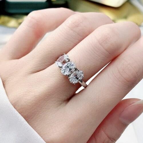 925 Sterling Silver Three-Stone Shiny SONA Simulation Diamond Ring Oval Cut Wedding Jewelry