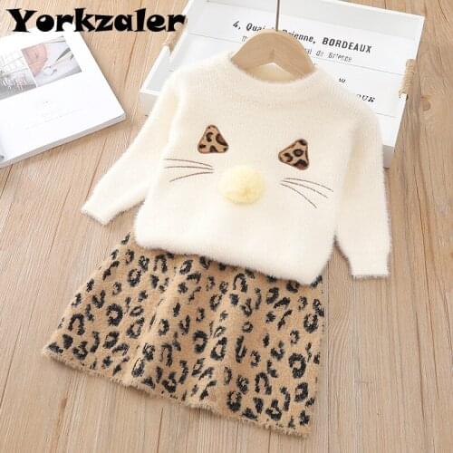 Kids Girls Winter Clothes Set Knitted Sweater Shirt Leopard Skirt Children Clothing Sets Thick Warm Outfits 2 Piece Set for Girl