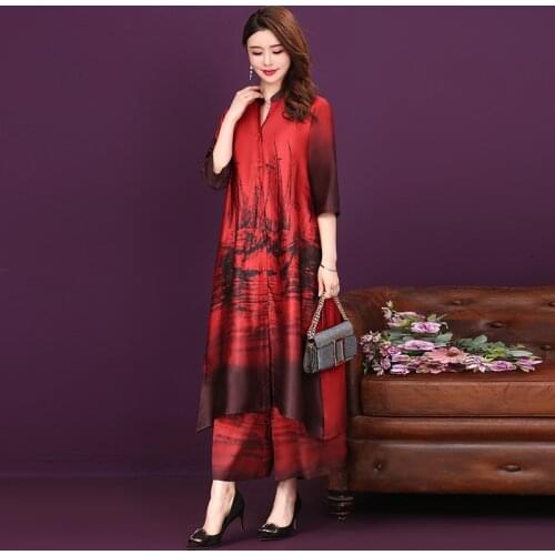 QPFJQD Chinese Style Large Size Stand Collar Three Quarter Sleeve X-Long Polo Dress+ Casual Ankle-Length Pants Two Piece Suits
