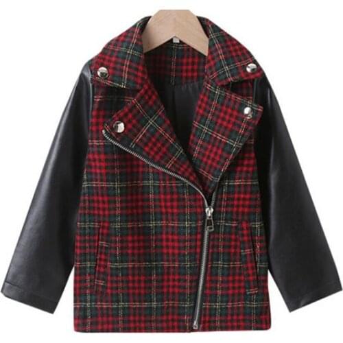 New arrival baby girl plaid stitching pu jacket kids lapel zipper casual autumn leather short outwear