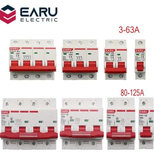 DZ47 400V 1-4P 3-125A C Type Mini Circuit Breaker MCB Short Overload Circuit Protector 35mm Din Rail Mount Breaking Capacity 6KA