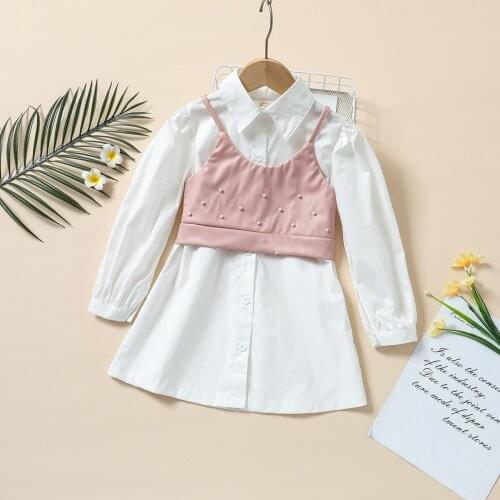 2-7Y Fashion Autumn Kid Girls Clothes Sets 2pcs Solid Long Sleeve Single-breasted Shirt Dress + pearl Sleeveless Vest Outfit