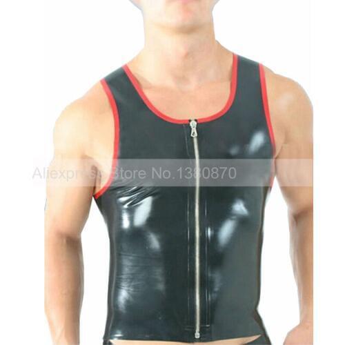 Male Rubber Latex Tank with Front Zip Black and Red Trims Man Top Wear S-LSM031