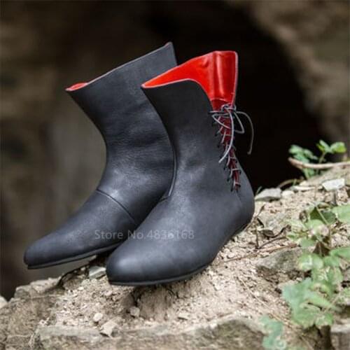 Knight Cosplay Mens PU Leather Shoes Middle Ages Ankle Boots Larp Victorian Renaissance Bandage Medieval Costume Carnival Party