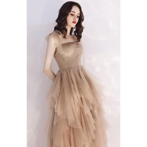 New long light coffee ruffles spaghetti strap girl lady bridesmaid dress party dress free shipping