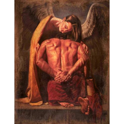 Stunning Oil painting romantic young angel lovers - Strong nude young man canvas