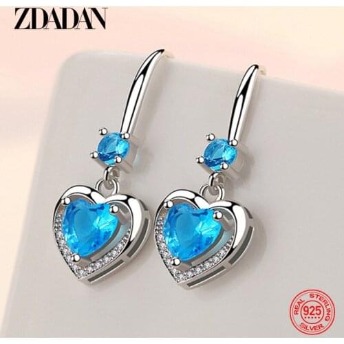 ZDADAN 925 Sterling Silver Pink Blue Crystal Heart Drop Earrings For Women Fashion Jewelry Gift