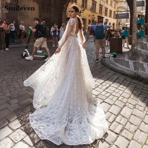 Smileven Boho Wedding Dress Puff Sleeve V Back Robe De Mariee Lace Bridal Dresses Train Wedding Gowns For Girls