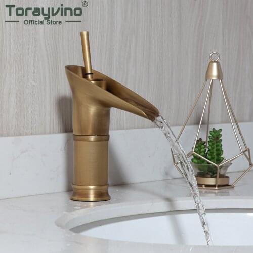 Torayvino Wine Glass Style Waterfall Single Lever Washbasin Antique Brass Bathroom Faucets Basin Sink Deck Mount Mixer Water Tap