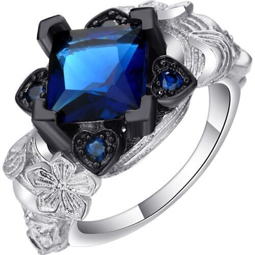 Vintage Royal Blue Heart Flower And Evil Skull Ring Jewelry Silver Color Unusual Wedding Bands Party Cocktail Finger Ring Women