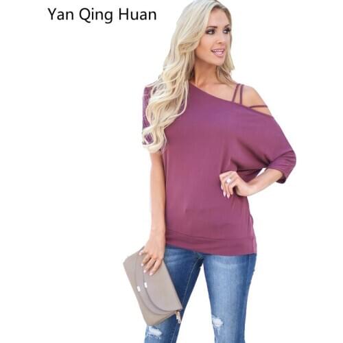 Yan Qing Haun Fashion Sling Shoulder Sling Back Sleeve Womens Shirt Solid Color Cotton Comfortable Irregular Collar Sling Tops