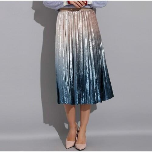 Winter Spring High Waist Skirts Womens A-line Skirts Patchwork Pleated Skirt Velvet for Women Gradient Pleated Womens Skirt