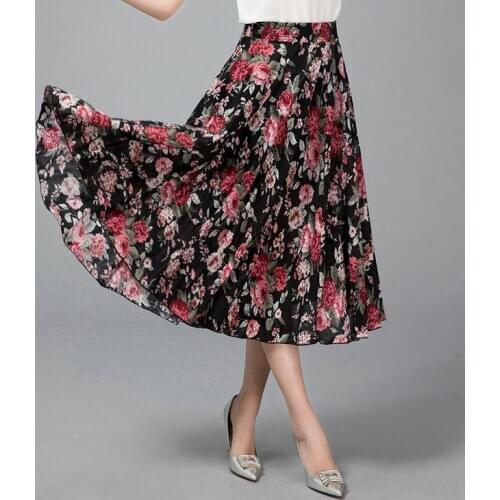Vintage Elegant Floral Print Pleated Midi Skirt Women 2020 Fashion A Line Elastic Waist Ladies Skirts Casual Faldas Mujer