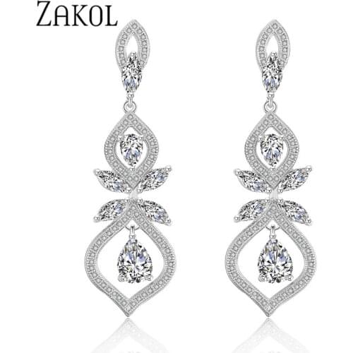 ZAKOL Luxury CZ Zirconia Chandelier Dangles Drop Earrings For Women Anniversary Fashion Leaf Bridal Wedding Jewelry FSEP308