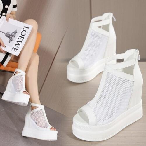 2021 Hollow Out Female Short Boots Fashion Soft Leather PU Mixed Air Mesh Women sandals Thick Platform Women Shoes