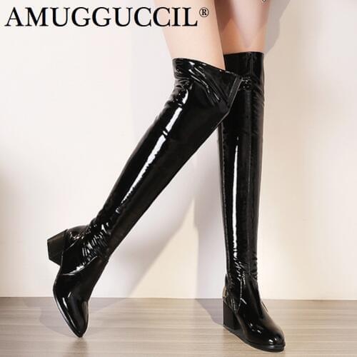 2021 New Plus Big Size 31-45 Black Apricot Red White Stretch Leather Zip Sexy Over The Knee Thigh High Winter Women Boot X1689