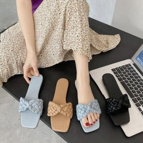 Bow braided slippers women 2021 summer square korean version of gentle flat shoes fairy shoes simple womens shoes sandals flats