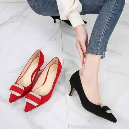 Woman Pumps Sweet Pointed-Toe Suede Sequined Buckle 5cm Mid Heel Work Shoes Mature Shallow Mouth Slip-on Summer 2021 femme Shoes
